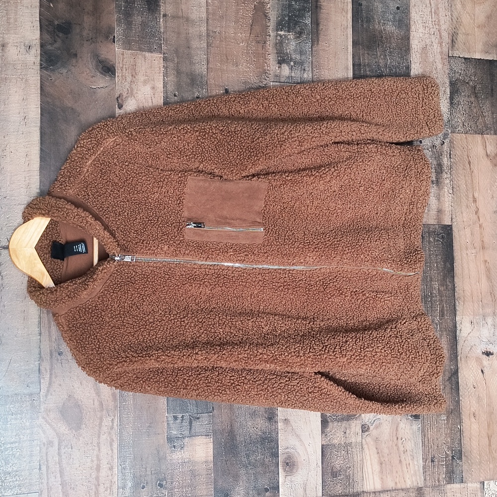 H&M Teddy Shearling Sherpa Brown Zip Up Jacket Sz XXL Women